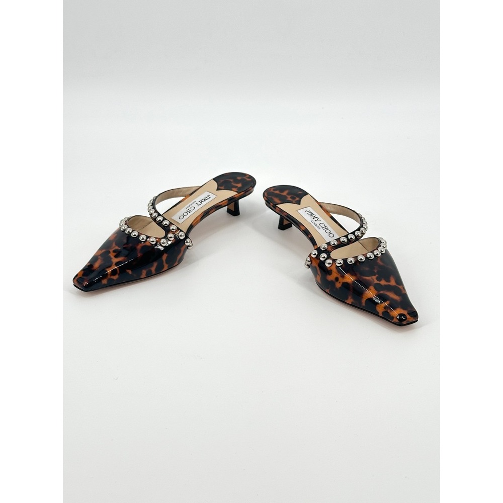 Jimmy Choo Ros 35 Tortoise Shell Patent Leather Studded Mules 36 / 6 Kitten Heel - Picture 5 of 9